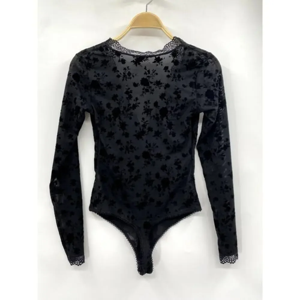 Free‎ People S black mesh velvet burnout Bodysuit